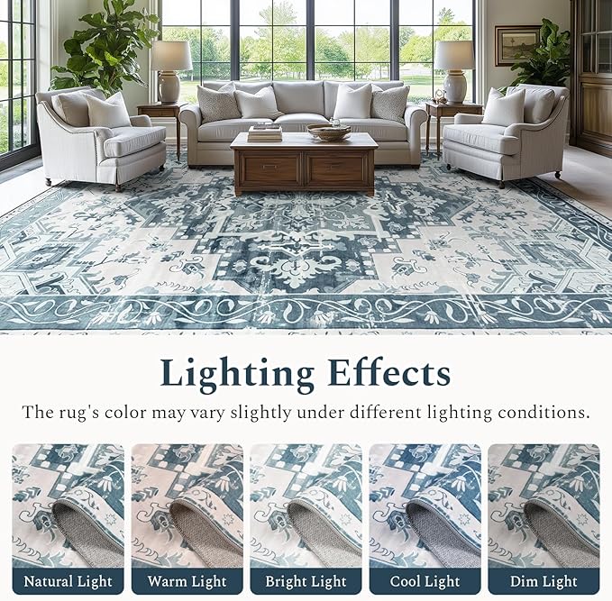 Rugflix 9x12 Area Rug for Living Room, Machine Washable Area Rugs with Non-Slip Backing, Large Soft Boho Vintage Rug for Bedroom, Dining Room, Low Pile Carpet, Kids Pet Friendly, Blue