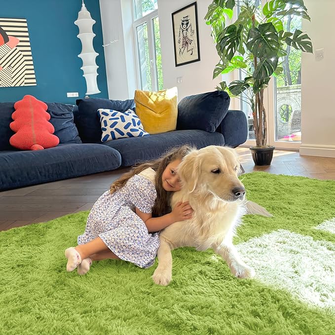 OLANLY 6x9 Machine Washable Large Area Rugs for Living Room, Bedroom, Soft Fluffy Shaggy Bedside Rug, Indoor Floor Carpet for Kids Girls and Boys, Dorms, Nursery, Home Decor Aesthetic, Grass Green