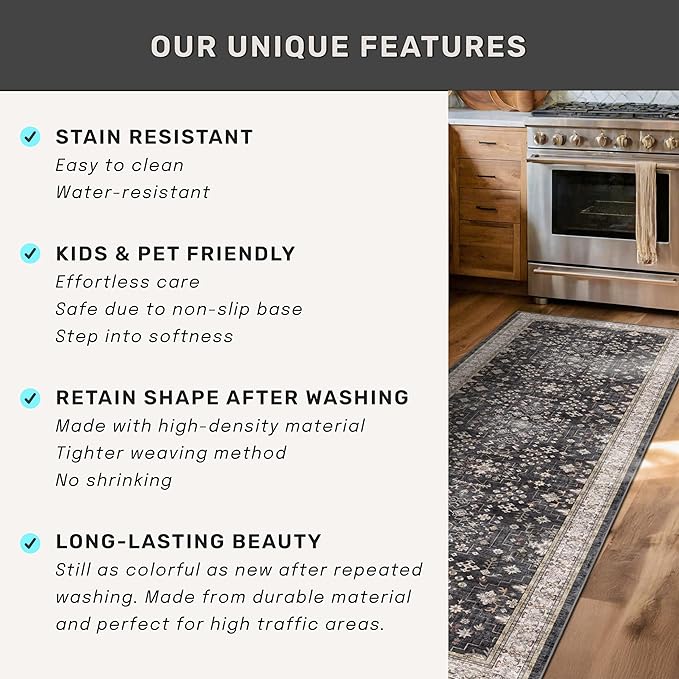 Boho Washable 4x6 Entryway Rug - Non-Slip Low Pile Geometric Area Rug for Living Room, Large Kitchen, Bedroom, Office - Ultra Soft Dark Modern Aesthetic Decor, Black & Multi
