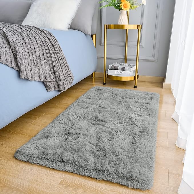 Amearea Shag Small Rug, Fluffy 2x4 Feet Throw Rugs for Bedroom Girls Living Room, Extra Soft and Fuzzy Shaggy Carpet, Non Slip, Solid Color Nursery Home Floor Decor Carpets, Grey