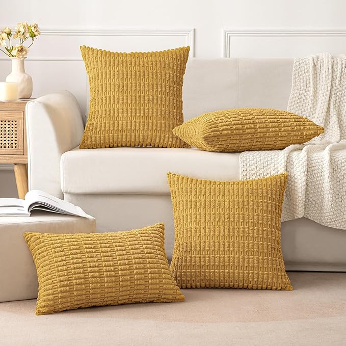 MIULEE Pack of 2 Corduroy Decorative Throw Pillow Covers 20x20 Inch Soft Boho Striped Pillow Covers Modern Farmhouse Home Decor for Summer Sofa Living Room Couch Bed Yellow