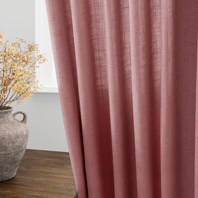 Nanspring Canyon Rose Linen Curtains 96 Inches Long 2 Panels Set for Living Room Rod Pocket Back Tab Semi Sheer Light Filtering Protect Privacy Dusty Rose Curtain for Bedroom Floor Length 52x96