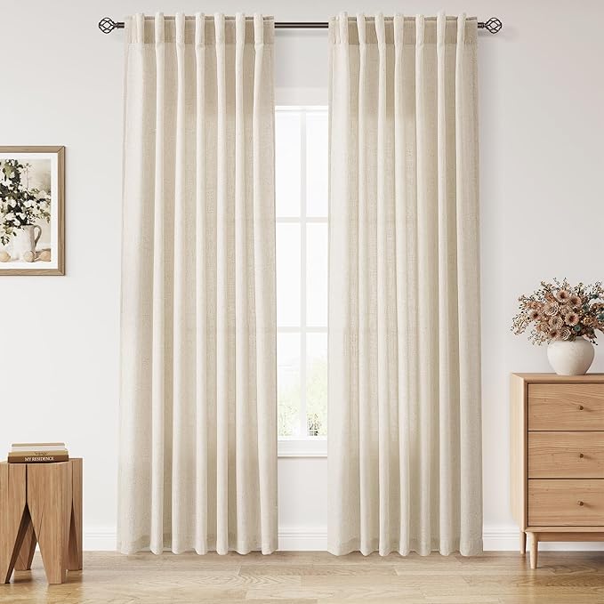 Nanspring Cream Beige Linen Curtains 84 Inches Long for Living Room Light Filtering Semi Sheer Curtain Back Tab Modern Farmhouse Decor Elegant Luxury Coastal Drapes for Bedroom Office 52x84,2 Panels