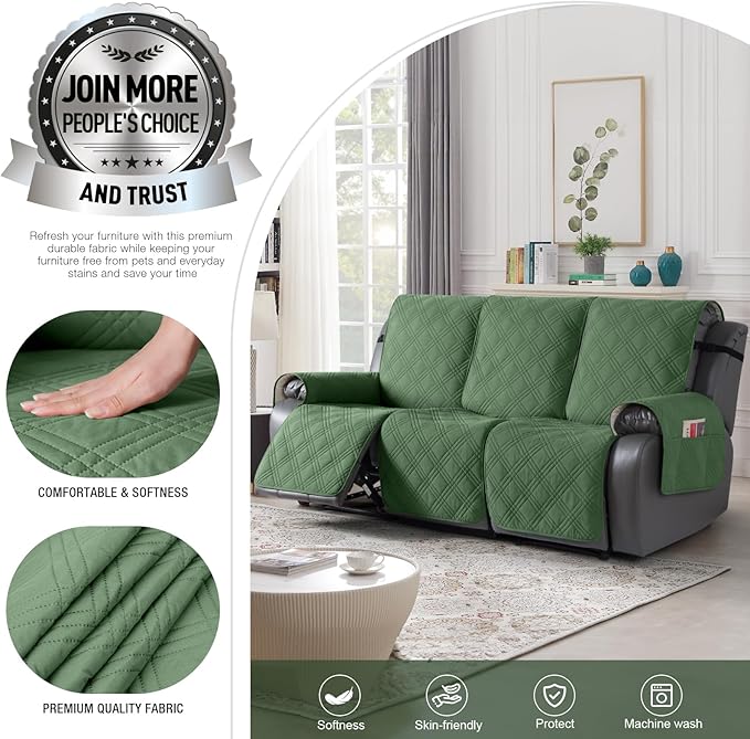 TAOCOCO 100% Waterproof Recliner Sofa Cover, Non Slip Split Couch Covers for Reclining Couches with Straps, Washable Reclining Sofa Cover Furniture Protector for Kids Pets(3 Seater, Vine Green)