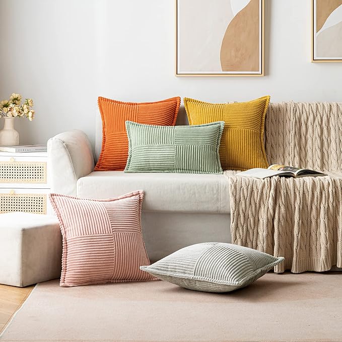 MIULEE Decorative Throw Pillow Covers for Couch Bed Livingroom 18x18 Inch Set of 2 Fall Mustard Yellow Boho Accent Throw Pllows Broadside Striped Patchwork Soft Corduroy Pillowcases