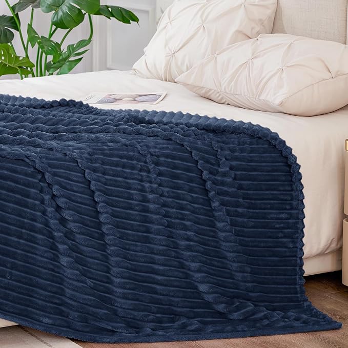 BEDELITE Fleece Blanket King Size – 3D Ribbed Jacquard Soft and Warm Decorative Fuzzy Blankets – Cozy, Fluffy, Plush Lightweight Throw Blankets for Couch, Bed, Sofa(Navy Blue, 108x90 inches)