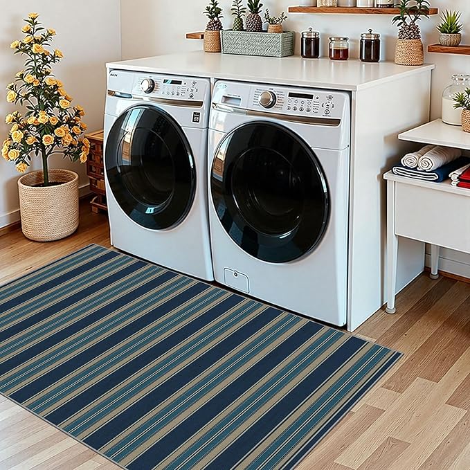 Striped Outdoor Rug - 28" x 43" Front Door Mat Indoor Outside Entrance Non-Slip Washable Outdoor Mat Navy Blue Coastal Rug for Entryway Kitchen Bedroom Welcome Layered Doormat for Front Porch