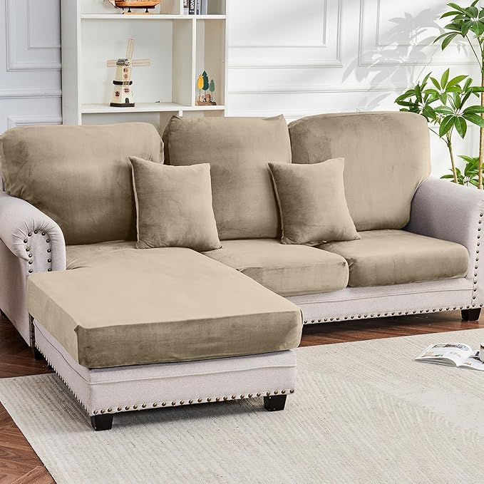 Couch Cover 6-Piece Elastic Velvet Couch Cushion Covers & Chaise Slipcovers for L-Shaped Sofas - Sofa Seat Covers Washable, Soft Cover for Couches (5 Seater + Chaise, Leather Brown)