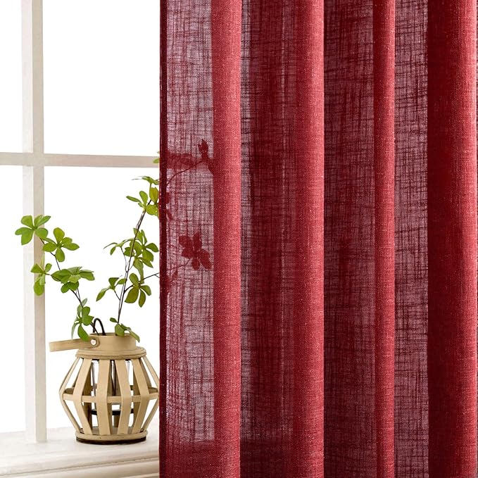 MIULEE Burgundy Red Kitchen Curtains 30 Inch Length 2 Panels, Soft Thick Linen Textured Semi Sheer Light Filtering Short Cafe Tier Curtains for Small Half Window Back Tab Rod Pocket Christmas Decor