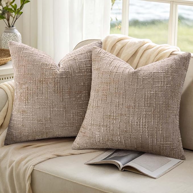 decorUhome Oatmeal Chenille Throw Pillow Covers 16x16 Set of 2 Textured Soft Cozy Slubby Couch Pillow Covers Modern Farmhouse Boho Decorative Pillow Cases for Bed Sofa Living Room