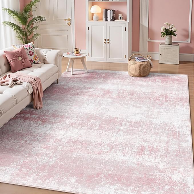 LEPEII 5x7 Area Rugs, Abstract Rugs for Living Room, Indoor Non-Slip Washable Rug for Bedroom, Dining Room, Low Pile Home Decor Neutral Area Rug-Pink/Multi