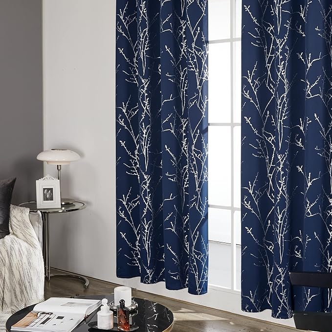 Deconovo Blackout Curtains, Navy Blue Curtain, Thermal Insulated Soundproof Drapes, Branch Silver Print, 52 x 72 Inch Long, Machine Washable Grommet Panels for Bedroom Living Room Office, Set of 2