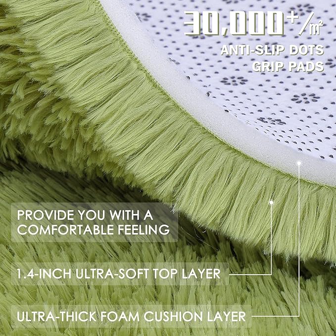 OLANLY Grass Green Round Rugs for Bedroom - Machine Washable, 2 ft Circle Area Rugs for Living Room, Soft and Fluffy Shaggy Carpet for Teen Girls and Boys, Nursery Rooms, Dorms, Home Decor Aesthetic