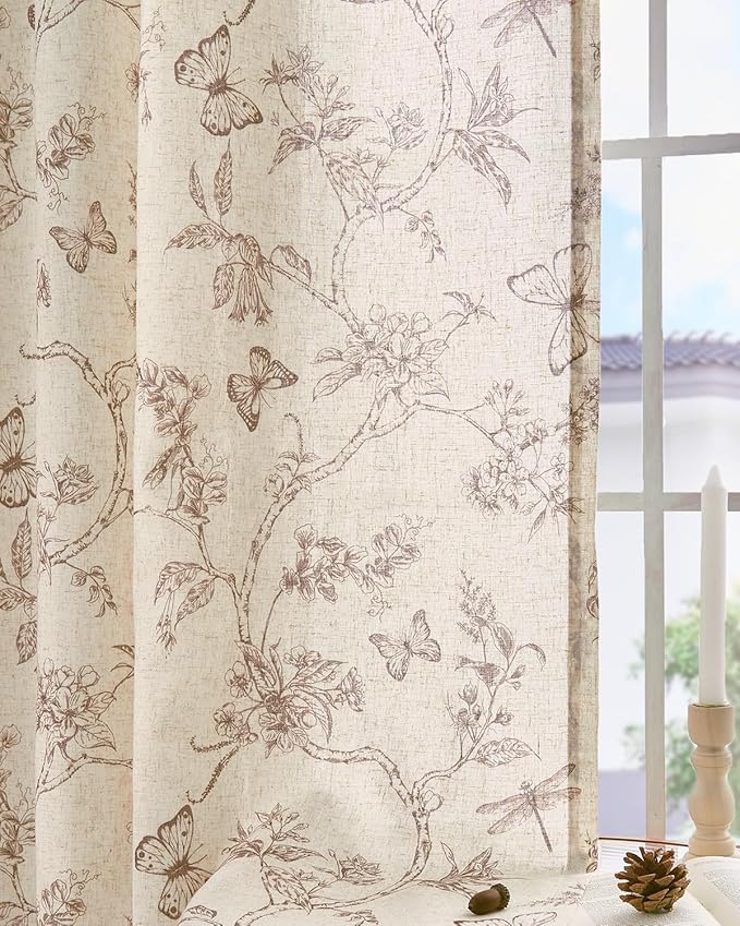 jinchan Floral Linen Curtains for Living Room 84 Inch Length Butterfly Curtain Taupe Floral Curtains French Country Farmhouse Curtain Flower Patterned Drapes Window Treatment Set 2 Panels
