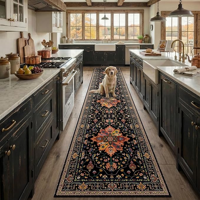Area Rugs 2'x10' Runner Rug Non Slip Washable for Kitchen Hallway Bedroom Beside Laundry Room Bathroom Rug, Floor Carpet, Black Colorful Floral Dark Tan