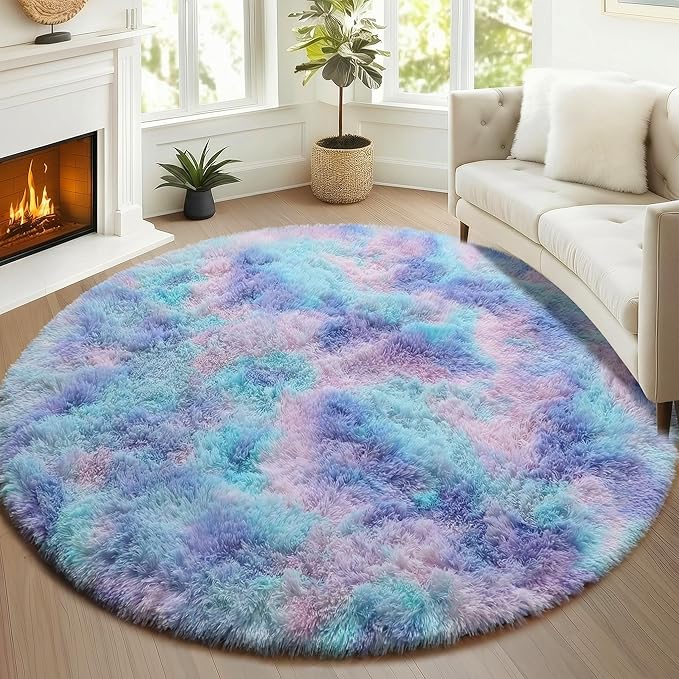 ONASAR Rainbow Round Area Rug 4ft, Soft Bedroom Circle Throw Rugs for Kids Girls Boys Teen Dorm Room, Fluffy Plush Shaggy Carpet Mats for Nursery Living Room Playroom Home Decor Princess Castle
