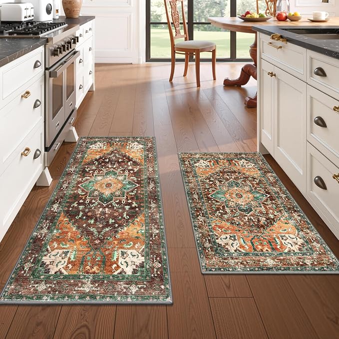 Yamaziot Washable Kitchen Runner Rug Set of 2, Non-Slip Boho Vintage Hallway Rug Runner with Rubber Backing, Stain Resistant & Low Pile Distressed Carpet Runner for Bedroom, Kitchen, Laundry, Entrance