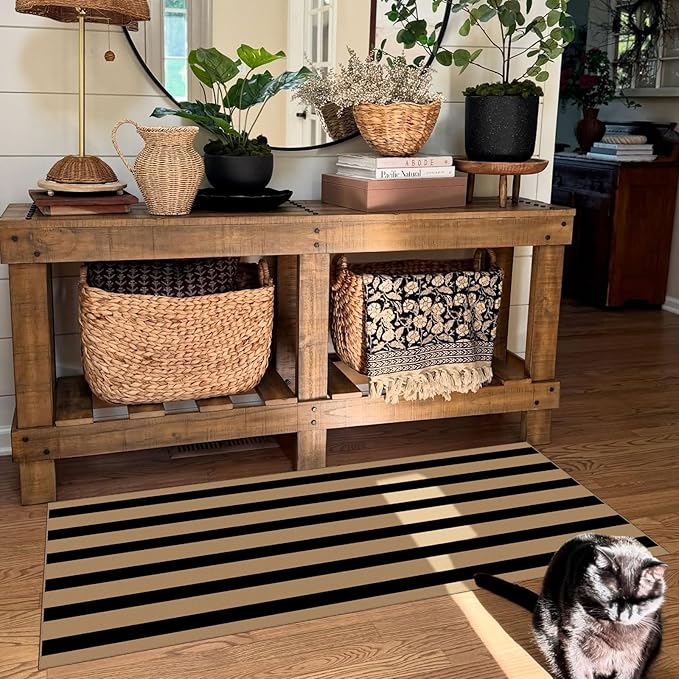 Front Door Mat Indoor Entrance - 2x4.3 Ft Black Tan Striped Washable Doormat Outdoor Entrance Porch Rug Non-Slip Layered Runner Rug for Kitchen Hallway Bedroom Laundry Room Porch Decor