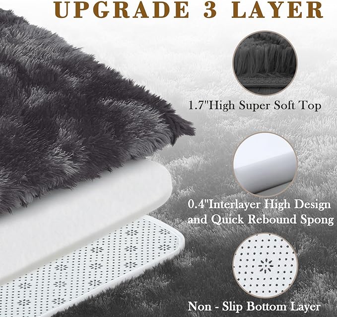 Super Soft Shaggy Area Rugs for Bedroom 4x6 Feet, Shaggy Plush Living Room Shag Furry Floor Rugs, Non-Shedding Indoor Rugs for Living Room Decor(4 x 6, Dark Grey Tie-Dyed)