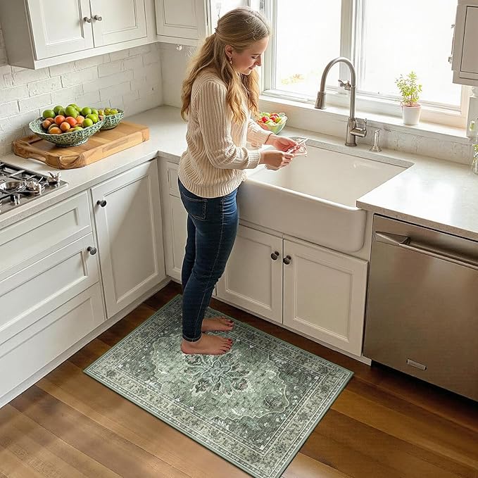 Area Rugs 2'x3' Kitchen Rugs Entry Rug Small Rugs for Entryway Kitchen Bathroom Door Mat Indoor Entrance,Washable Non Slip, Dark Green Gray
