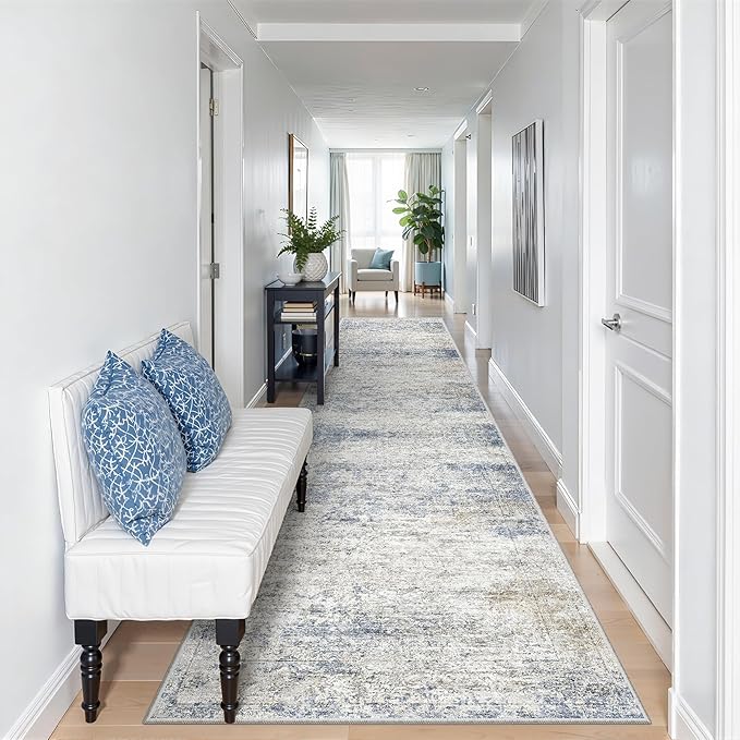 Kitchen Runner Rugs Non Skid Washable - 2.5 x 10 Runner Rug with Anti Slip Backing, Ultra-Thin Soft Rug Runner for Hallway, Bedroom, Living Room (2.5'x10', Blue/Brown/Ivory)
