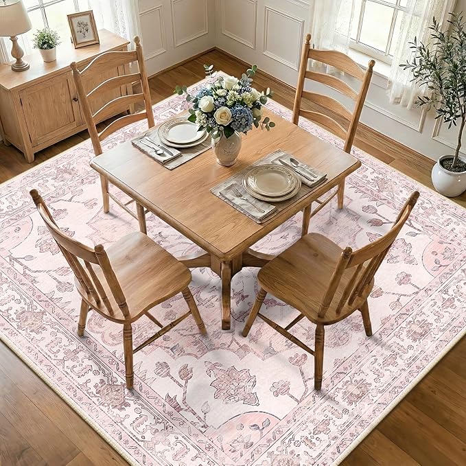 Area Rugs Square 8ft Washable Non-Slip, Floral Vintage Distress Print Pattern Medallion Carpet for Living Room Bedroom Dining Room, Pink Greypink Cute