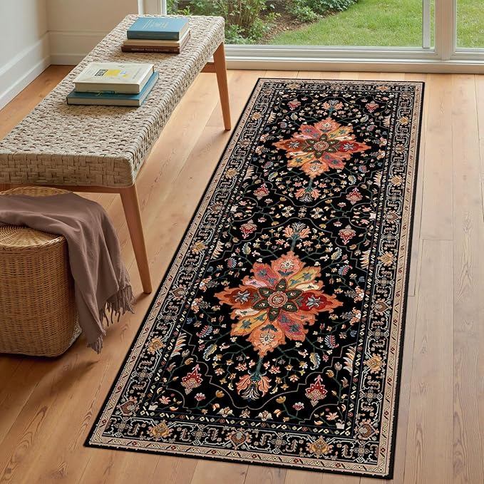 Area Rugs 3'x7' Runner Rug Non Slip Washable for Kitchen Hallway Bedroom Beside Laundry Room Bathroom Rug, Floor Carpet, Black Colorful Floral Dark Tan