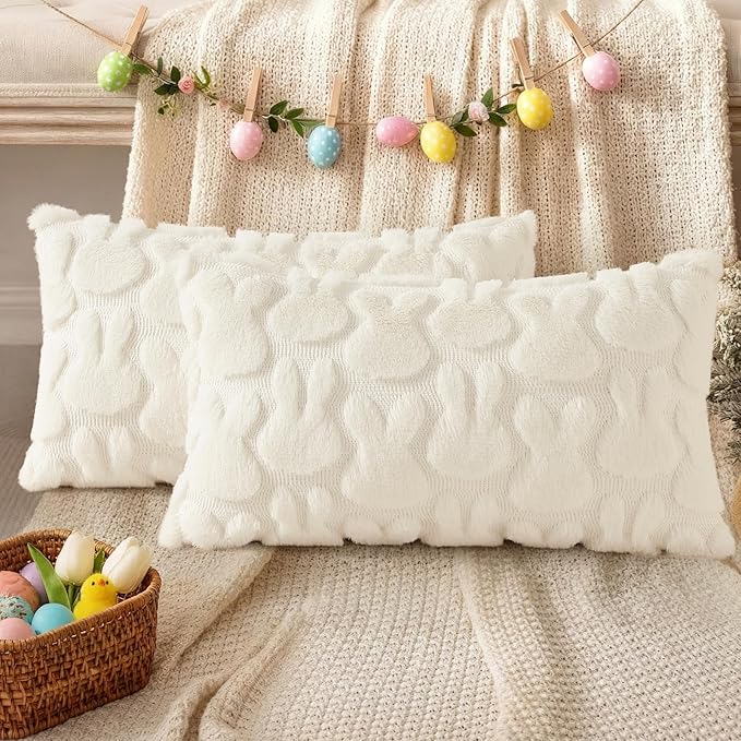 decorUhome Easter Bunny Pillow Covers 12x20 Inch Set of 2, Soft Plush Faux Wool Jacquard Cream White Rabbit Cushion Covers, Farmhouse Neutral Spring Easter Holiday Decor for Couch Sofa Bed