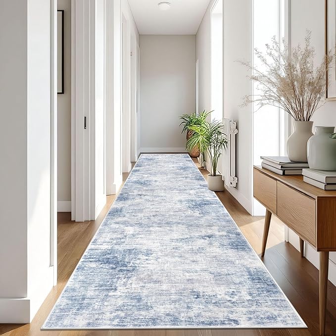 IOHOUZE Abstract Runner Rug 3x16 Ft Washable Runners for Hallways, Non Slip Kitchen Runner Printed Faux Wool Entryway Runner Indoor, Modern Abstract Floor Carpet for Hall Stair, Light Blue Grey
