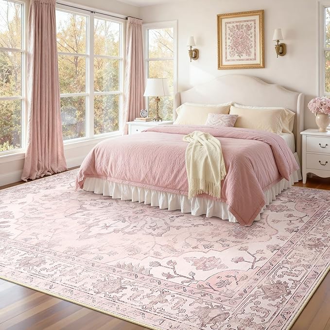 Area Rugs 10'x12' Washable Non-Slip, Floral Vintage Distress Print Pattern Medallion Carpet for Living Room Bedroom Dining Room, Pink Greypink Cute