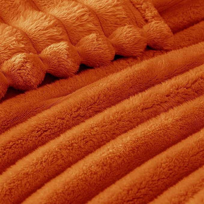 Exclusivo Mezcla California King Size Flannel Fleece Blanket, Super Soft Striped Jacquard Bed Oversized Blanket, Lightweight Fuzzy Cozy for All Seasons, 120x120 Inches, Burnt Orange