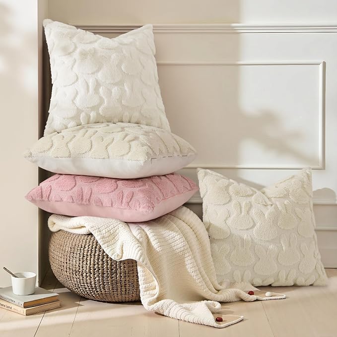 decorUhome Easter Bunny Pillow Covers 16x16 Inch Set of 2, Soft Plush Faux Wool Jacquard Cream White Rabbit Cushion Covers, Farmhouse Neutral Spring Easter Holiday Decor for Couch Sofa Bed
