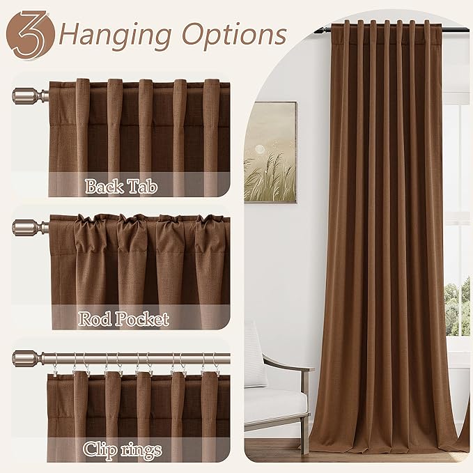Guken Caramel Brown 100% Blackout Linen Curtains 72 Inch Length 2 Panels Set for Living Room Bedroom Back Tab/Rod Pocket Thermal Insulated Black Out Drapes Room Darkening Farmhouse Window Curtains