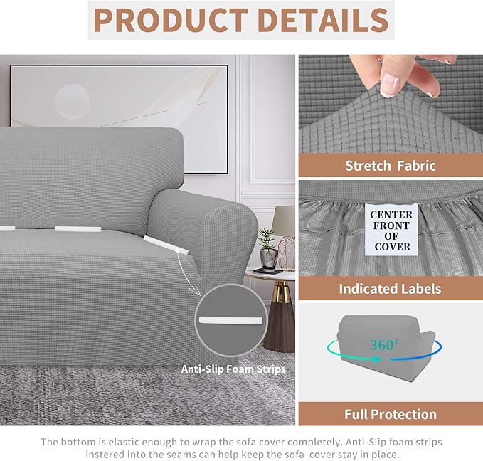 Easy-Going 100% Waterproof Loveseat Couch Cover, Dual Waterproof Sofa Cover, Stretch Jacquard Sofa Slipcover, Leakproof Furniture Protector for Kids, Pets, Dog and Cat (Loveseat, Light Gray)