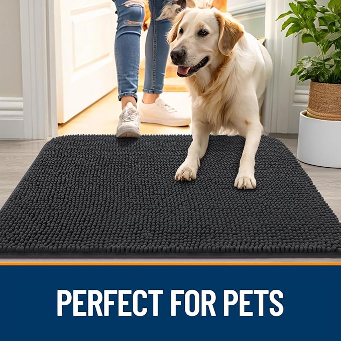 OLANLY Dog Door Mat for Muddy Paws 30x20, Absorbs Moisture and Dirt, Absorbent Non-Slip Washable Doormat, Quick Dry Chenille Mud Mat for Dogs, Entry Indoor Entryway Carpet for Inside Floor, Dark Grey