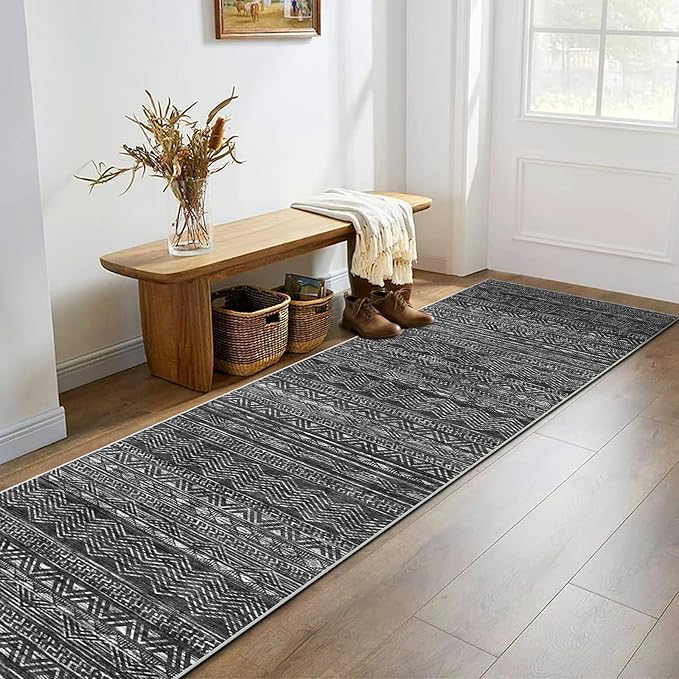 Moroccan 2'6"x8' Hallway Runner Rug - Kitchen Rugs Washable Bedroom Floor Carpet Non-Slip Living Room Rug Rubber Backing Mat Low Pile 2'6"x8' Black