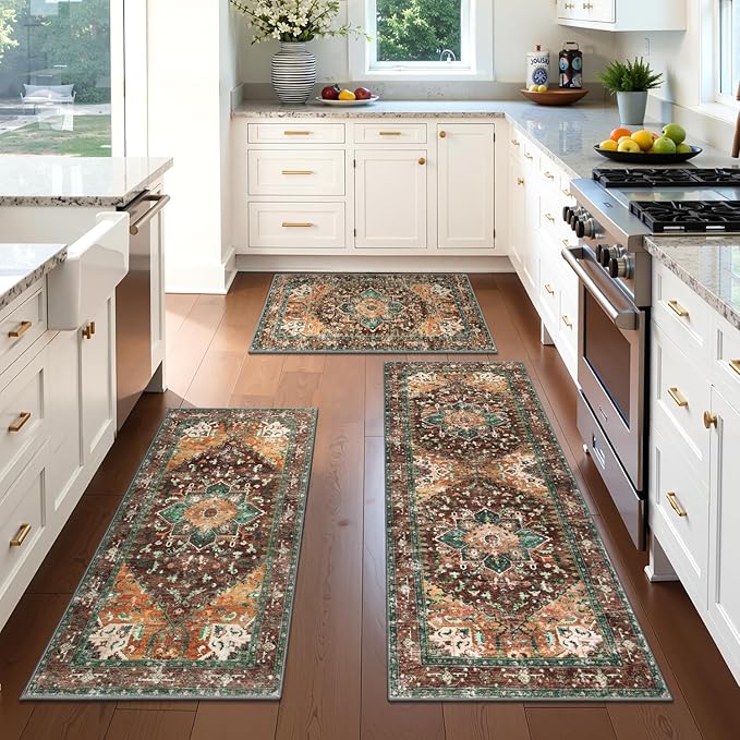 Yamaziot Washable Kitchen Runner Rug Set of 3, Non-Slip Boho Vintage Hallway Rug Runner with Rubber Backing, Stain Resistant & Low Pile Distressed Carpet Runner for Bedroom, Kitchen, Laundry, Entrance