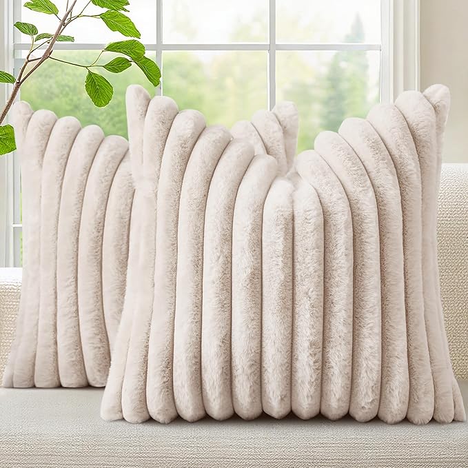 decorUhome Summer Cozy Faux Fur Throw Pillow Covers 22x22 Set of 2 Decorative Soft Plush Striped Modern Farmhouse Boho Couch Euro Sham Pillow Cases with Velvet Back for Sofa Bed Living Room, Beige