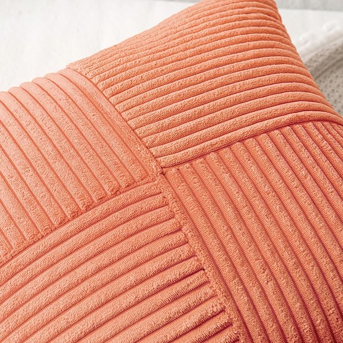 MIULEE Coral Red Decorative Throw Pillow Covers 20x20 Inch for Couch Bed Sofa Pack of 2 Boho Farmhouse Throw Pillows Soft Cross Corduroy Patchwork Textured Cushion Cases