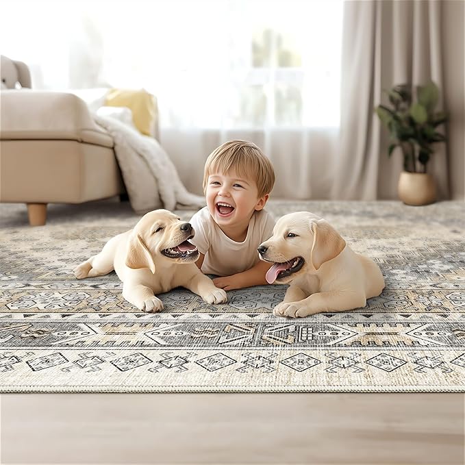 3x5 Washable Area Rug for Entryway, Kitchen Rugs Non Slip for Dining Room, Vintage Floral Soft Living Room Rug, Thin Area Rug Indoor for Bedroom, Kids Room Decor(Beige,3'x5')