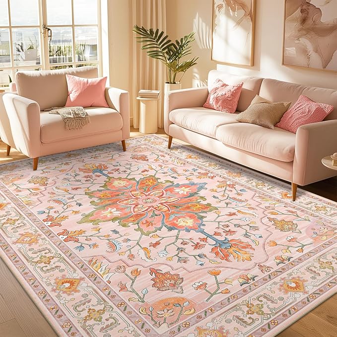 RELEANY Area Rugs 6'x9' Washable Non-Slip, Floral Vintage Distress Print Pattern Medallion Carpet for Living Room Bedroom Dining Room, Light Pink Colorful