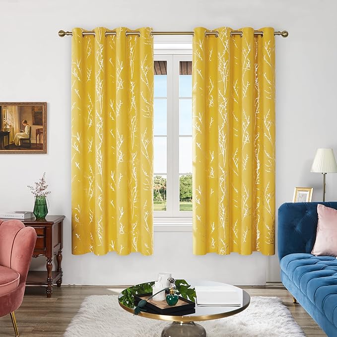Deconovo Blackout Curtains Yellow, 52 x 84 Inch 2 Panels Set Drapes for Living Room, Modern Silver Tree Print Pattern, Thermal Insulated Soundproof Window Panel for Bedroom Office, Machine Washable