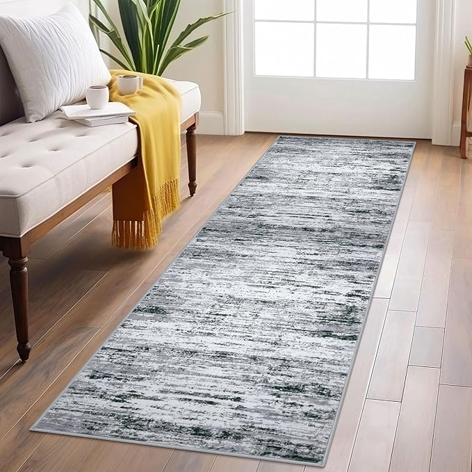 Lansny Modern Abstract Runner Rug 2x6, Black Grey White Washable Kitchen Runner Non-Slip Soft Hallway Rug Runner Thin Print Faux Wool Carpet for Entryway Bedroom Laundry Room Indoor Home Decor