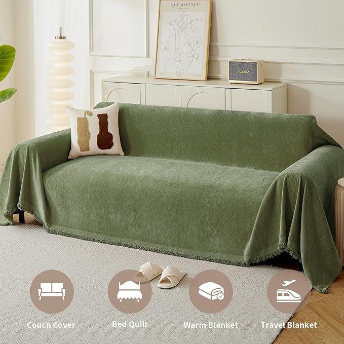 Couch Cover for Dogs, Boho Sofa Covers for 3 Cushion Couch, Chenille Sofa Slipcover for Pets Washable, L-Shape Sectional Couch Loveseat Cover Soft Throw Blankets with Tassels(71x118,Green)
