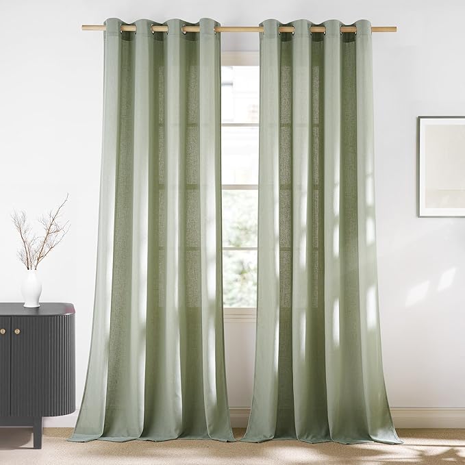 NICETOWN Thick Linen Greyish Green Curtains for Living Room, Grommet Privacy Assured Linen Blend Window Treatments with Light Filtering for Bedroom, W55 x L96, 2 Panels