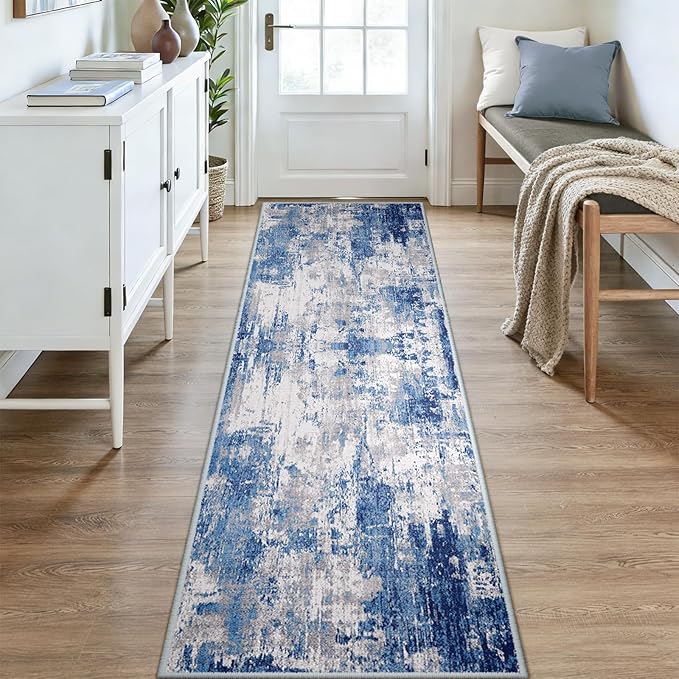 Washable Area Rugs 3x12 Non-Slip Modern Abstract Soft for Living Room Entryway Bedroom Nursery, Print Pattern, Blue Grey Navy Gray