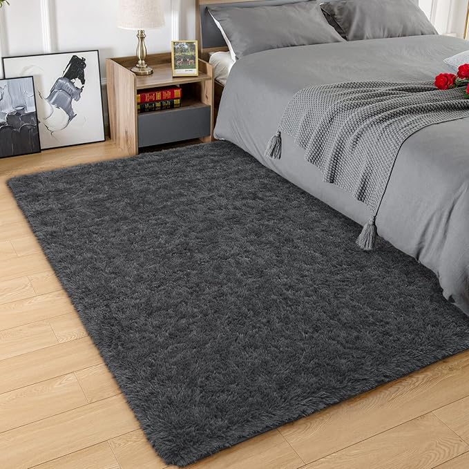 Amearea Premium Soft Area Rug 4x5.3 Feet, Grey Rugs for Living Room, Fluffy Carpet for Bedroom Nursery Playroom Teen Home Decor, Comfortable Indoor Furry Dorm Carpets, Dark Grey