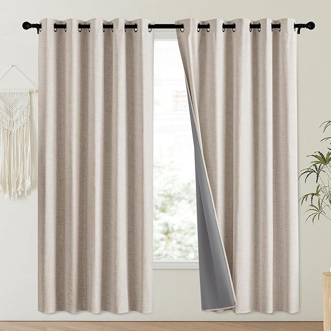 NICETOWN Oatmeal Vintage Open Linen Weave Flax Thermal Curtains, 100% Blackout Curtains 72" Long for Dining Room, Soundproof Window Treatment Drapes for Laundry Room, 62" Wide Per Panel, Set of 2