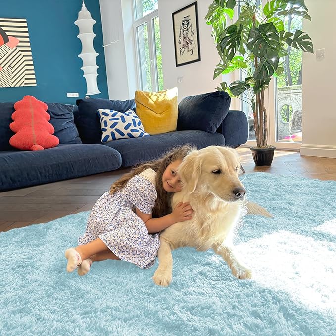 OLANLY 2x3 Machine Washable Small Bedside Rug, Soft Fluffy Shaggy Entryway Throw Rugs for Bedroom, Living Room, Indoor Floor Carpet for Kids Girls and Boys, Home Decor Aesthetic, Light Blue