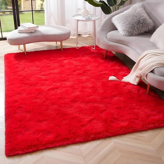 Amearea Premium Soft Fluffy Rug Modern Shag Carpet, 8x10 Feet, Fuzzy Shaggy Rugs for Bedroom Living Room Teen Apartment Decor, Comfortable Indoor Furry Dorm Carpets, Red